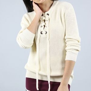 J.O.A. Lace-Up Front Sweater Ivory Cream Pullover Neutral Knit Top Women’s Med